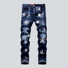 Introducing our Y2K-inspired. Graffiti Star Print Men's Jeans from the 2023 Autumn Collection. These slim. mid-waist jeans feature a zipper & button closure. stretchy fabric and a unique. painted design to bring back the iconic look of the 2000s. Make a bold statement with these jeans and stand out in style!Distinctive Features: Y2K Style: Revive the iconic look of the 2000s with this Y2K-inspired design. featuring a unique painted graffiti star print. Slim Fit: Crafted with a slim fit. these je Denim Blue Jeans With Star Print For Streetwear, Star Print Denim Jeans For Streetwear, Graffiti Star, Hype Clothing, Mid Waist Jeans, Custom Jeans, Stylish Men Casual, Painted Jeans, Denim Patterns