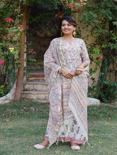 Pink & Grey Floral Block Printed Cotton Palazzo Kurta Set (Set of 3) by Pheeta now available at Trendroots Grey Anarkali, Cotton Anarkali Kurta, Palazzo Kurta, Kurti With Palazzo, Chanderi Dupatta, Cotton Anarkali, Gotta Work, Anarkali Kurti, Palazzo Suit