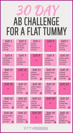 the 30 day ab challenge for a flat tummy is shown in pink and black