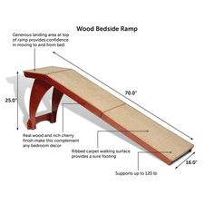 a wood bed side ramp with measurements for the top and bottom section, shown in red