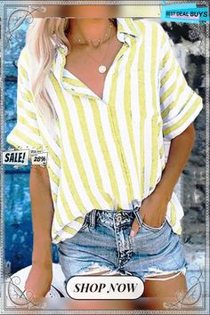 Buttoned Down Work Daily Striped Shirt Casual Striped Collared Tops, Yellow Summer Blouse With Pockets, Yellow Blouse With Pockets For Summer, White V-neck Shirt With Pockets, White V-neck Tops With Pockets, Striped Tops With Pockets For Spring, Casual Striped Short Sleeve Blouse, Spring Yellow Tops With Pockets, Yellow Blouse With Pockets