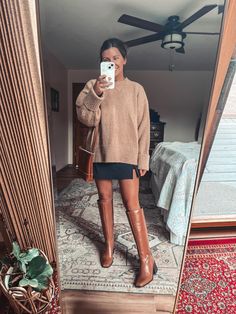 Brown Midi Dress Outfit Winter, Flat Riding Boots Outfit, Light Tan Knee High Boots Outfit, Turtle Neck Sweater And Skirt Outfit, Skirts With Tall Boots, Jean Skirt Brown Boots Outfit, Fall Outfit Knee High Boots, Sweater With Skirt And Boots, Fall Boots With Dress