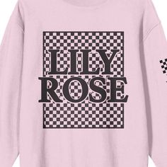 Embrace the unique style of Lily Rose with this adult cradle pink crew neck long sleeve sweatshirt. The front features the musician's logo set against a stylish checkered background, while the left sleeve is adorned with checkered patterns, adding a trendy and eye-catching detail. Crafted from a comfortable blend of 50% cotton and 50% polyester, this sweatshirt ensures both durability and coziness. For easy maintenance, machine wash it on cold with like colors and tumble dry on low heat. Pink Long Sleeve T-shirt With Graphic Print, Pink Long Sleeve T-shirt With Text Print, Pink Long Sleeve T-shirt With Letter Print, Pink Long Sleeve T-shirt With Text, Pink Long Sleeve Tops With Graphic Print, Pink Long Sleeve Top With Graphic Print, Pink Long Sleeve Sweatshirt With Graphic Print, Pink Graphic Print T-shirt For Winter, Winter Pink Graphic Print T-shirt