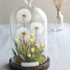 a glass dome with flowers under it on a table