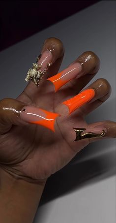 Orange Prom Nails Black Women, Duck Nail Inspo 2023, Orange French Tips Nails, Orange French Tips, Nails With Orange, French Tips Nails, Tips Nails, Acrylic Toe Nails, Duck Nails