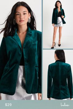 Sophisticated styles like the Lulus Upper Class Aesthetic Emerald Green Velvet Blazer are always worth celebrating! Plush velvet shapes long sleeves (with decorative buttons and padded shoulders) that frame a collared neckline with notched lapels. Bodice boasts a decorative welt pocket at one side, a single covered-button closure at the front, and two functional flap pockets. Back vent completes this flattering 'fit. Fit: This garment fits true to size. Length: Size medium measures 27" from shou Chic Velvet Blazer For Night Out, Elegant Green Outerwear For Night Out, Fall Velvet Blazer For Night Out, Velvet Outerwear For Fall Party, Velvet Blazer For Night Out In Fall, Winter Velvet Blazer For Night Out, Velvet Long Sleeve Blazer For Fall, Fitted Velvet Blazer For Night Out, Upper Class Aesthetic