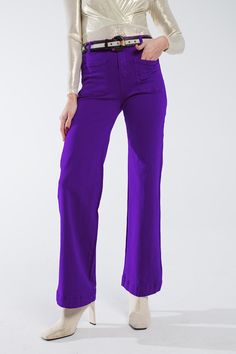 Q2 Purple flair jeans with large front pockets Wardrobe Stand, Flair Jeans, Purple Pants, Stylish Jeans, Medium Purple, Work Looks, Bold Fashion, Easy Wear, Hat Hairstyles