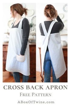 a woman wearing a white apron and black top with the words cross back apron free pattern