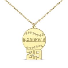 Show your athlete how proud you are of their game with this personalized necklace. 10K Yellow Gold Personalize with the name and number of your choosing 22-inch rope chain with lobster clasp Yellow Gold Name Charm Necklace For Birthday, 14k Yellow Gold Name Necklace With Hallmark, Basketball Necklace For Guys, Personalized Team-colored Sports Jewelry, Sporty Personalized Necklaces For Sports, Number Necklace, Accessories Jewelry Necklace, Rope Chain, Personalized Necklace