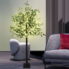 a small tree in a living room next to a grey chair and red pillow on the floor