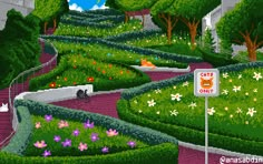 an image of a cartoon city with lots of flowers