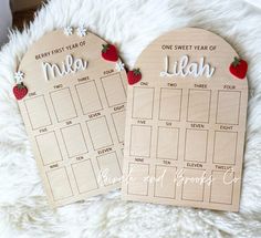 two wooden calendars with strawberries on them