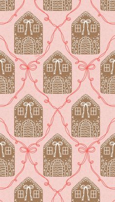 a pink and brown wallpaper with an image of a house in the middle of it