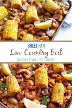 sheet pan with shrimp, corn on the cob and sausage