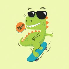 a cartoon dinosaur riding a skateboard with sunglasses on