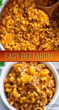 an easy beef and macaroni casserole recipe in a white bowl