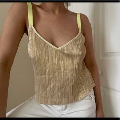 Victoria’s Secret Metallic Pleated Cami In Yellow. Cropped Style Never Worn Part Of The Sleepwear Collection But Who Wouldn’t Love This As A Cropped Top? Tag Is Xs But Can Fit A Small Too Lingerie Top, Cropped Style, Cropped Top, Gold Yellow, Women's Intimates, Victoria’s Secret, Victoria's Secret, Gold Tones, Yellow Gold