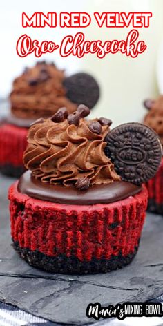 mini red velvet oreo cheesecakes with chocolate frosting