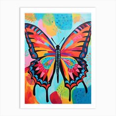 a painting of a colorful butterfly on a blue background