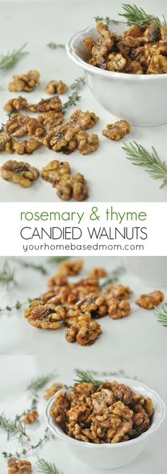 rosemary and thyme candied walnuts in white bowls