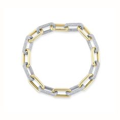 Pave Diamond Alternating Two Tone Oval Link Bracelet     * Diamonds 3.06cw   * 14k Yellow + White Gold   * 6.75" Length    * Push Spring Clasp   * P-3049 Fringe Bracelet, Studded Flats, Hand Chain, Delicate Rings, Leather Cuffs, Cuff Bangles, Diamond Bracelets, Chain Pendants, Pave Diamonds