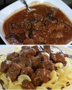 two pictures of pasta with meat and sauce