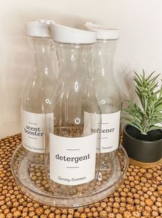 three empty water bottles sitting on top of a glass plate next to a potted plant