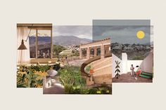 a collage of photos with houses and mountains in the background