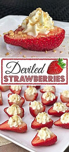 strawberries are arranged on a white plate with the words deviled strawberries above them