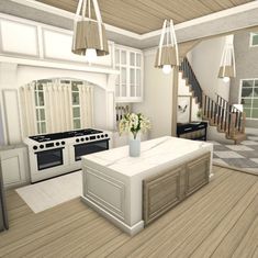 a large kitchen with an island and white cabinets in the center is decorated with flowers