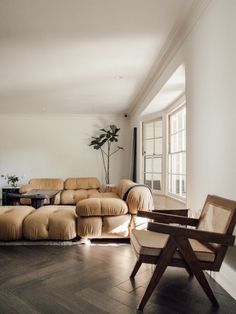 a living room filled with lots of furniture and a plant on top of a table