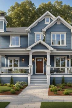 a blue house with white trim and windows