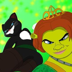 an animated image of a woman with a cat on her head and a black cat behind her