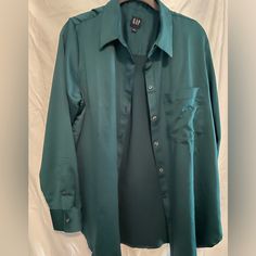 Emerald Green Satin Button Down. Never Worn. Oversized. Cheap Purple Shirt With Button Closure, Gap Button-up Workwear Shirt, Gap Button-up Shirt For Work, Gap Collared Workwear Blouse, Collared Gap Blouse For Work, Gap Workwear Tops With Buttons, Gap Collared Shirt For Work, Fall Button Closure Top By Gap, Gap Fall Top With Button Closure