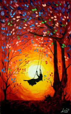 a painting of a person swinging on a swing in the air with trees and leaves