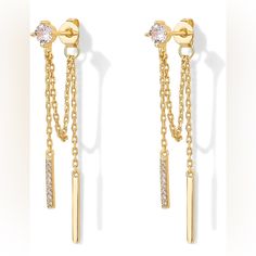 Available In Yellow Or White Gold Tones. Comment Desired Tone Below At Time Of Purchase! Elevate Your Jewelry Collection With Our 18k Gold-Plated Chain Drop Earrings, Featuring A Dazzling 4mm Cubic Zirconia Stone. The Sophisticated 23mm Long Back Chain And Playful 20mm Front Chain Create A Dynamic, Eye-Catching Look. These Earrings Blend The Simplicity Of A 13mm Bar With The Sparkle Of Cubic Zirconia, Making Them Perfect For Both Everyday Wear And Special Occasions. Their Versatile Style Ensures Silver Earrings With Delicate Chain For Formal Occasions, Formal Silver Earrings With Delicate Chain, Silver Gold-plated Linear Dangle Earrings, Silver Dangle Linear Earrings Gold Plated, Back Chain, Chain Drop Earrings, Bar Earrings, Chain Earrings, Versatile Style