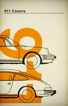 an orange and white poster with the number nine on it's side, next to a car