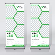 two roll up banners with green and white checkerboard pattern on the front, back and sides