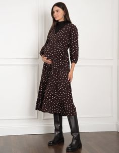 maternity, maternity dress, nursing dress, dress, midi, v neck, buttons, three quarter sleeve, elasticated cuff, brown, margie Maternity Fall Dresses, Bump Friendly, Fall Maternity Dresses Bump Friendly, Fall Maternity Bump Friendly Dresses, Maternity Wear Bump Friendly Dress For Fall, Fall Maternity Wear Dress Bump Friendly, Fall Maternity Wear Dress, Modest Long Sleeve Maternity Dress, Brown Maternity Wear Dresses, Nursing Dress