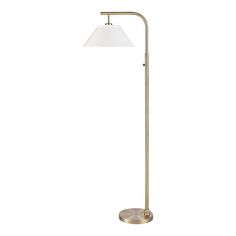 a floor lamp with a white shade on the base and a gold metal stand light