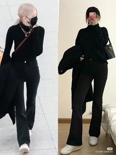 Black Outfit Korean, Airport Outfit Korean, Airport Outfit Winter, Outfit College, Korean Fits, Airport Outfits, Outfit Korean, Clothes Black, Rose Blackpink