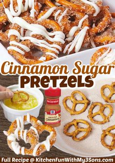 cinnamon sugar pretzels on a white plate with dipping sauce in the bowl and other ingredients