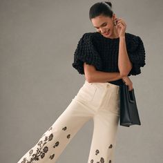 Colette Embroidered Crop Wide-Leg Jeans Floral Embroidered Pants For Spring Workwear, Fall Floral Embroidered Wide Leg Jeans, Elegant Relaxed Fit Cotton Jeans, Elegant Cotton Jeans For Fall, Relaxed Fit Jeans For Spring, Trendy Embroidered Pants For Fall, Elegant Relaxed Fit Jeans For Spring, Fall Bottoms With Floral Embroidery In Relaxed Fit, Fall Bottoms With Floral Embroidery And Relaxed Fit