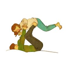 an image of two people in the air with one being hugged by the other while another person is lying on the ground