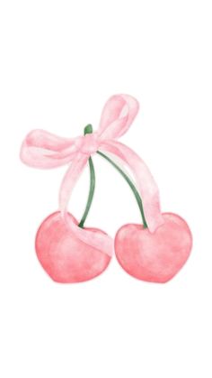 two cherries with pink ribbon tied around them on a white background, watercolor drawing