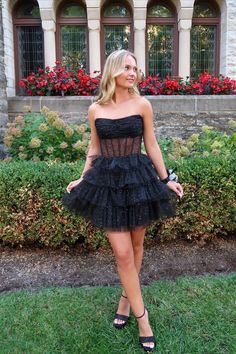 Strapless Black Sequins Multi-Layers Short Homecoming Dress Homecoming Dresses Short Black, Winter Formal Dress, Ruffles Skirt, Trendy Prom Dresses, Jr Prom, Black Homecoming Dress, Winter Formal Dresses, Tiered Ruffle Skirt, A Line Shorts