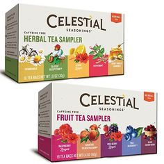 two boxes of celestial fruit tea sampleers on a white background with the same product in each box