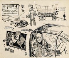 an old drawing shows the inside of a car, with people in it and two men looking at something