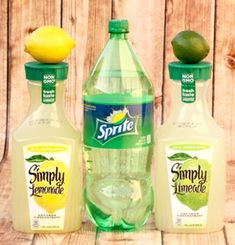 three bottles of simply lemonade and two limes