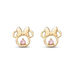 These magical stud earrings feature playful pink cubic zirconia framed by Minnie's iconic silhouette in brilliant 14K yellow gold. The earrings secure with friction backs. Gold Layered Bracelets, Pearl Diamond Jewelry, Cross Jewelry Necklace, Fan Jewelry, Minnie Mouse Pink, Baby Earrings, Disney Gift, Diamond Wedding Rings Sets